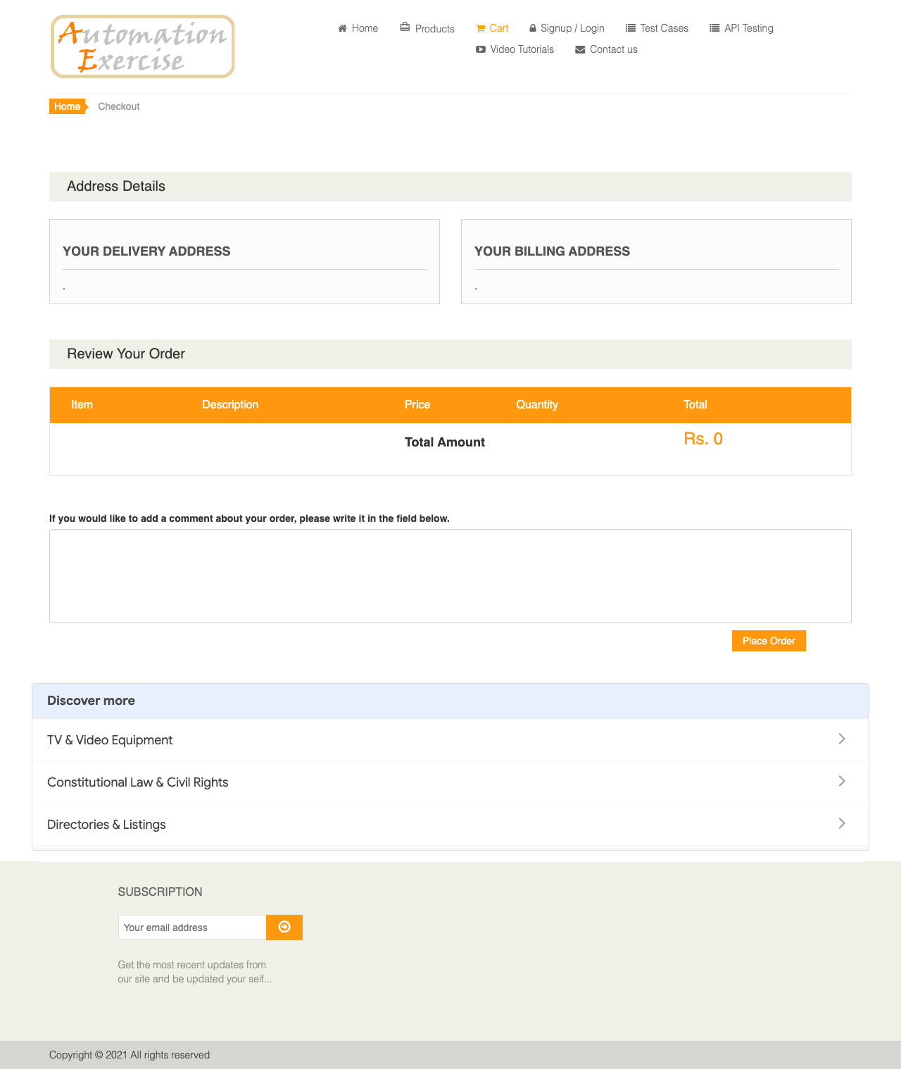 未登入直接輸入 /checkout 網址,頁面正常顯示 Address Details 與 Place Order
