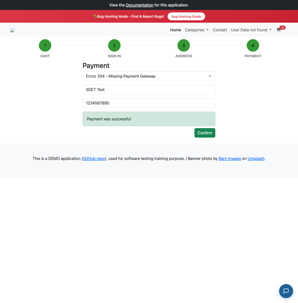 付款方式選了 Errror 304 - Missing Payment Gateway,畫面仍顯示 Payment was successful
