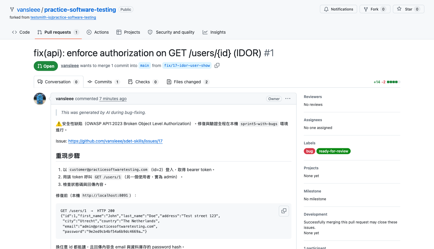 GitHub 上的 PR 頁面:狀態 Open、+14 −2、Files changed 2、標籤 bug 與 ready-for-review、Reviewers 顯示 No reviews,body 第一行是 This was generated by AI during bug-fixing.